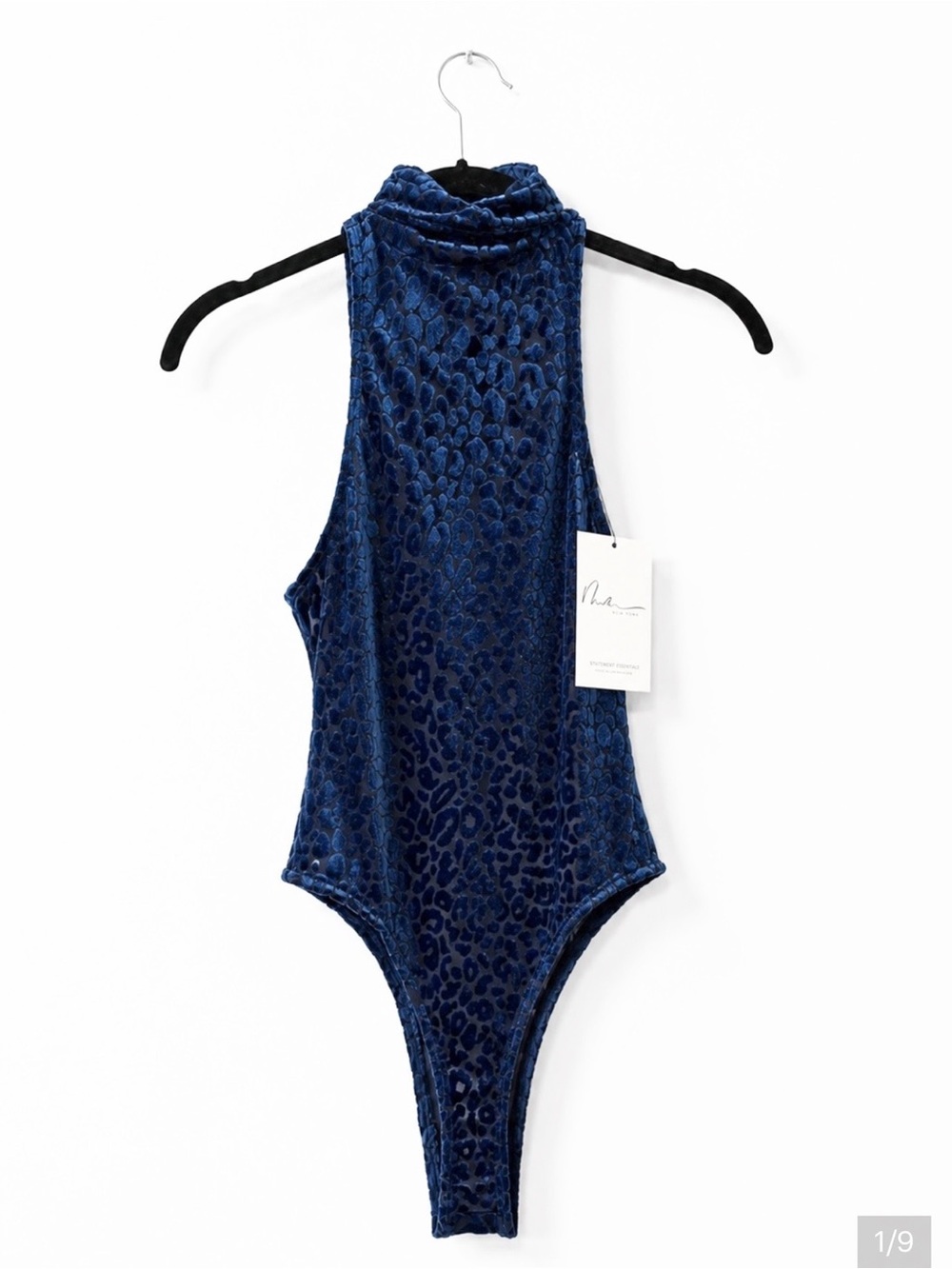 NWT Sexy Mew Mews Ameti Blue Velvet Sheer Leopard Halter Bodysuit S